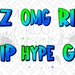 May include: A set of six colorful digital stickers with text in a bold, cartoon font. The stickers feature the words "EZ", "OMG", "RIP", "VIP", "HYPE", and "GG".