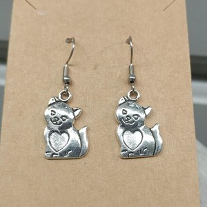 Silver Cat Dangle Earrings, Surgical Stainless-Steel Hooks, Hypoallergenic Kitty Cat Earrings, Dangle Kitten Jewelry, Gift for Cat Lovers