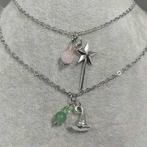 Gemstone Wicked Necklace Non-tarnish Stainless-Steel Chain Natural Rose Quartz Aventurine Gem Witch Hat Wand Glinda Elphaba Crystal Necklace