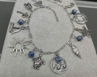 Tobillera con dije playero Tobillera con dije oceánico Acero inoxidable que no se deslustra Jaspe azul con manchas Tobillera con dije veraniego Tobillera con dije tropical Tobillera playera