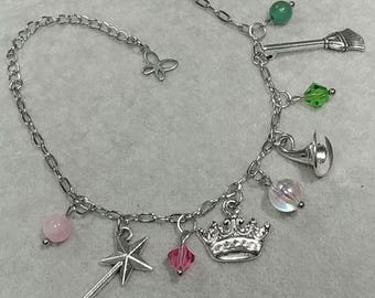 Witch Gemstone Charm Bracelet Adjustable Stainless-Steel Bracelet Rose Quartz Aventurine Pink & Green Crystals Wand Crown Witch Hat Broom