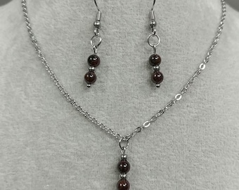 Collana di granato, orecchini di granato, pendente di cristallo con pietra preziosa di granato naturale, catena in acciaio inossidabile, orecchini con gancio in acciaio inossidabile chirurgico di granato
