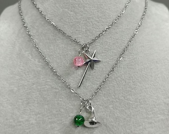Wicked Necklace Glinda Wand Necklace Elphaba Hat Necklace Non-tarnish Stainless-Steel Pink Green Crackle Bead Necklace Wicked Charm Necklace