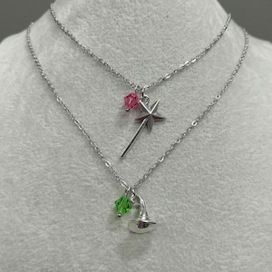 Wicked Necklace Glinda Wand Pink Crystal Necklace Elphaba Hat Green Crystal Necklace Stainless-Steel Chain Czech Crystals Charms Necklace