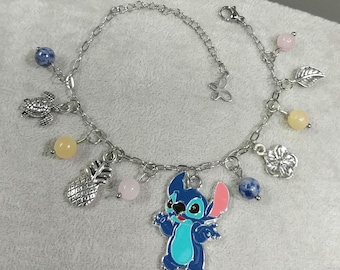 Charm Bracelet Natural Gemstone Adjustable Non-tarnish Stainless-Steel Bracelet Pineapple Turtle Hibiscus Flower Leaf Stitch Charm Bracelet
