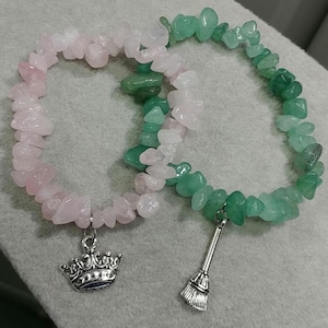 Wicked Bracelets Rose Quartz Aventurine Natural Gemstone Stretch Bracelet Pink Glinda Bracelet Green Elphaba Bracelet Broom & Crown Charm