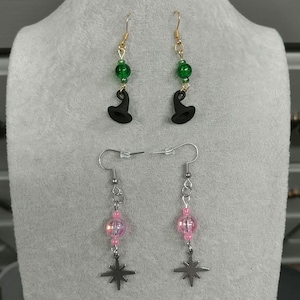 Wicked Earrings Glinda Pink Earrings Elphaba Green Earrings 18K Gold plated Surgical Stainless-Steel Hook Earrings Silver Star Black Hat
