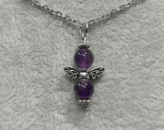 Gemstone Angel Necklace Amethyst Natural Gemstone Non-tarnish Stainless-Steel Amethyst Angel Charm Necklace Angel Pendant Angel Jewelry