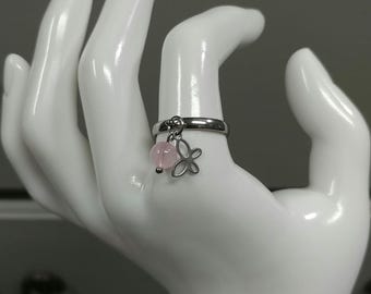Butterfly Ring Charm Dangle Ring Rose Quartz Natural Gemstone Pink Crystal Non-tarnish Stainless-Steel Ring Butterfly Ring