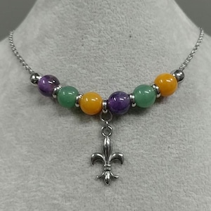 Mardi gras edelsteen fleur de lis ketting amethist aventurijn jade natuurlijke edelstenen roestvrij staal paars groen goud mardi gras ketting