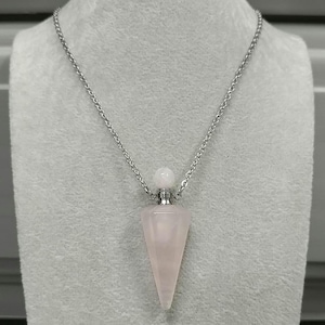 Rose Quartz Perfume Bottle Necklace Natural Gemstone Crystal Pendant Stainless-Steel Chain 20&quot; Pink Rose Quartz Gemstone Rose Quartz Crystal