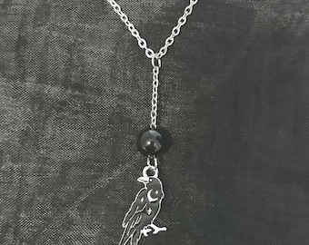 Raven Necklace Black Onyx Natural Gemstone Non-tarnish Stainless-Steel Chain Black Raven Bird Pendant Raven Charm Necklace Nevermore Raven