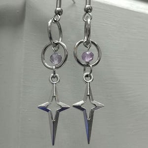 Amethyst Gemstone KPop Demon Hunters Earrings Natural Amethyst Gemstone Surgical Stainless-Steel Purple Amethyst Ring Earrings Star Earrings