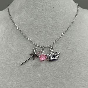 Wicked Necklace Glinda Wand Crown Necklace Non-tarnish Stainless-Steel Pink Crackle Bead Charm Necklace Wicked Charm Necklace Glinda Wand