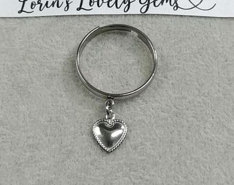 Heart Ring Heart Charm Ring Adjustable Stainless-Steel Ring Heart Dangle Ring Non-tarnish Stainless-Steel Size Adjustable Silver Heart Ring
