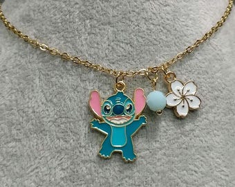 Collar personalizado con piedra de nacimiento, cadena de acero inoxidable chapada en oro de 18 quilates, dije con piedra de nacimiento, colgante de punto, collar de Lilo y Stitch, flor.