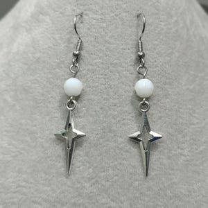 Celestial Star Earrings Non-tarnish Surgical Stainless-Steel Hook Dangle Earrings White Bead Four Point Star Charm Earring Star Drop Earring