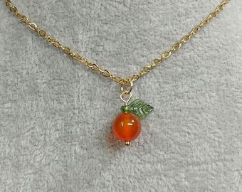 Orange Necklace Orange Fruit Necklace 18k Gold Plated Stainless-Steel Chain Natural Carnelian Gemstone Orange Charm Necklace Oranges Fruit