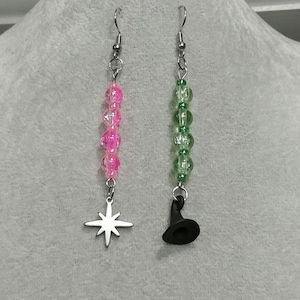 Wicked Earrings 3&quot; Long Mismatched Glinda Pink Earrings Elphaba Green Earrings Surgical Stainless-Steel Hook Earrings Silver Star Black Hat