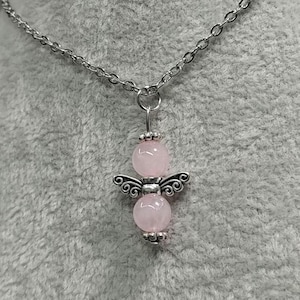 Gemstone Angel Necklace Rose Quartz Natural Gemstone Non-tarnish Stainless-Steel RoseQuartz Angel Charm Necklace Angel Pendant Angel Jewelry