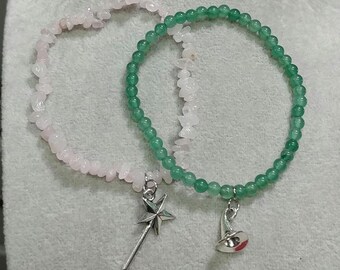 Witch Bracelets Rose Quartz Chip Bead Stretch Bracelet Green Aventurine Bead Stretch Bracelet Natural Gemstone with Witch Hat & Wand Charm