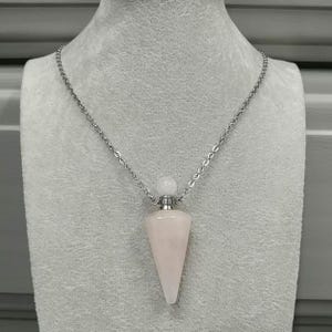 Rose Quartz Perfume Bottle Necklace Natural Gemstone Crystal Pendant Stainless-Steel Chain 20&quot; Pink Rose Quartz Gemstone Rose Quartz Crystal