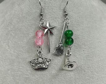 Witch Mismatched Earrings Surgical Stainless-Steel Earring Pink Wand Crown Pink Crackle Earrings Green Broom Hat Green Crackle Earrings