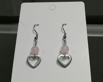 Heart Earrings Natural Pink Rose Quartz Gemstone Earrings Pink Crystal Bead Stainless-Steel Hook Dangle Earring Silver Heart Charm Earrings