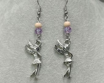 Pendientes de hada Pixie Hada del bosque Gancho de acero inoxidable quirúrgico Madera Cristal púrpura Pendientes de hada Elfo Colgante de hada plateado Pendientes de ángel