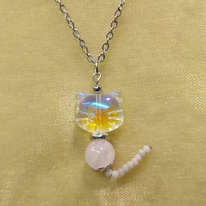 Gemstone Cat Necklace Non-tarnish Stainless-Steel Chain Rose Quartz Pink Opal Natural Gemstone Cat Charm Necklace Kitten Pendant Cat Pendant