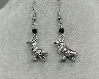 3D Raven Earrings Non-tarnish Surgical Stainless-Steel Hook Earrings Black Bead Raven Bird Earrings Raven Charm Earrings Nevermore Earrings
