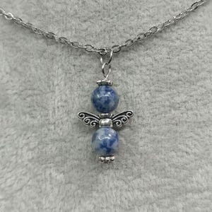 Gemstone Angel Necklace Blue Spot Jasper Natural Gemstone Nontarnish Stainless-Steel Jasper Angel Charm Necklace Angel Pendant Angel Jewelry