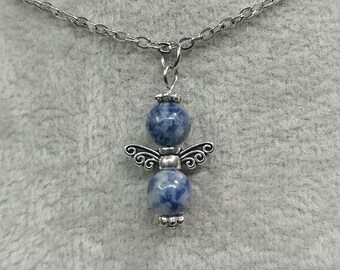 Edelsteen engelenketting blauwe vlek jaspis natuurlijke edelsteen niet-aanslagvrije roestvrijstalen jaspis engel bedelketting engel hanger engel sieraden