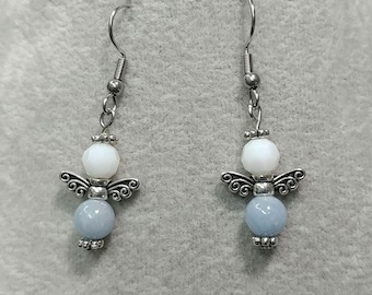 Gemstone Angel Earrings Angelite Natural Gemstone Anhydrite Non-tarnish Surgical Stainless-Steel Hook Angelite Angel Charm Earrings