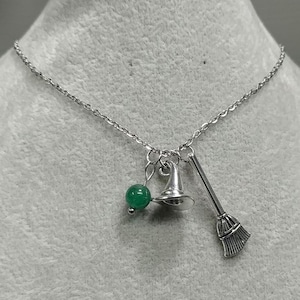 Wicked Elphaba Necklace Witch Hat Broom Pendant Natural Fuchsite Gemstone Charm Stainless-Steel Chain Elphaba Witch Hat Broom Charm Necklace