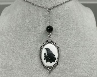 Onyx Gemstone Raven Necklace Non-tarnish Stainless-Steel Chain Natural Onyx Gemstone Black Raven Bird Pendant Nevermore Raven Cameo Necklace