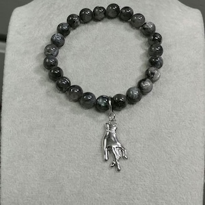 Hand Bracelet Larvikite Natural Gemstone Hand Charm Stretch Bracelet Hand Pendant Charm Silver Hand Larvikite Bracelet