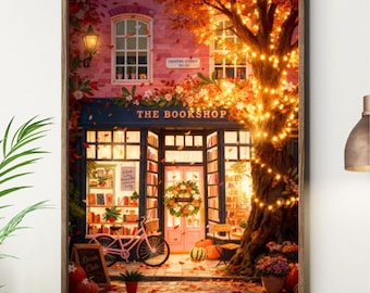 Cozy Autumn Bookshop Wall Art Print, Painting Cottagecore Reading Nook Decor, Book Lover Gift