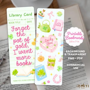 Pode incluir: Dois marcadores imprimíveis, com cerca de 6,35 cm x 17,78 cm, com tema do Dia de São Patrício. Um apresenta um design de cartão de biblioteca com texto, o outro apresenta um bolo em forma de coração e outras ilustrações festivas. Os marcadores são projetados com fundo e são transparentes.