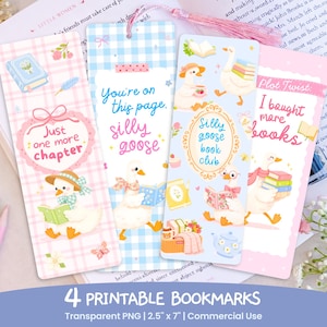 Op de afbeelding: Vier printbare bladwijzers met grillige ontwerpen. Elke bladwijzer toont een schattige gans die boeken leest, met zinnen als "Just one more chapter" en "Silly goose book club". De bladwijzers zijn 6,35 cm breed en 17,78 cm lang.