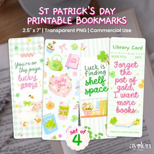 Puede incluir: Juego de cuatro marcapáginas imprimibles del Día de San Patricio. Cada marcapáginas presenta diseños únicos con textos como "Lucky Goose" y "Forget the pot of gold, I want more books". Los marcapáginas miden 6,35 cm x 17,78 cm.