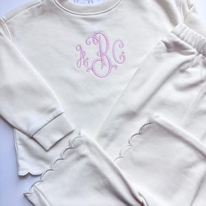 Girls&#39; Embroidered Monogram Sweat Set with Scallop Trim