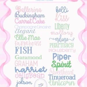 May include: A graphic featuring a variety of font styles in pastel colors. The word "Fonts" is at the top, with "name fonts" below it. The fonts are displayed in rows, with names like "Ballerina," "Buckingham," and "Spirit."