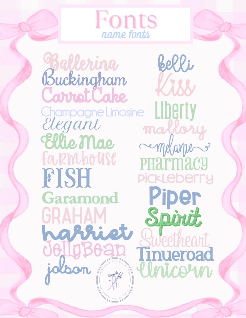 May include: A graphic featuring a variety of font styles in pastel colors. The word "Fonts" is at the top, with "name fonts" below it. The fonts are displayed in rows, with names like "Ballerina," "Buckingham," and "Spirit."