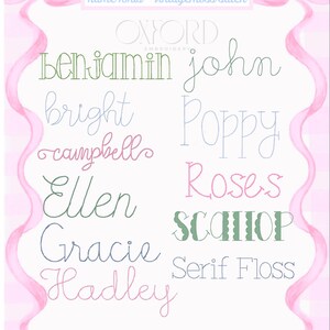 May include: A digital graphic showcasing various font styles, including "Benjamin" and "Poppy," with the text "Fonts" at the top. The design features a pink gingham background and pink ribbon accents, perfect for design inspiration.