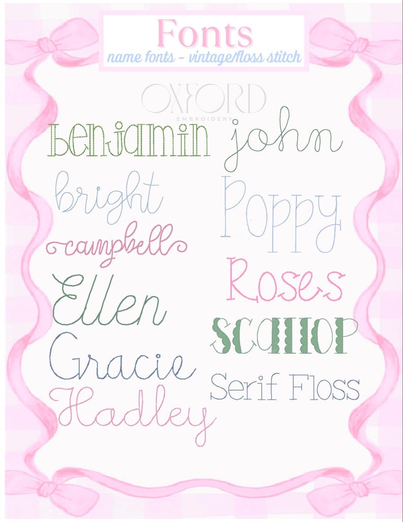 May include: A digital graphic showcasing various font styles, including "Benjamin" and "Poppy," with the text "Fonts" at the top. The design features a pink gingham background and pink ribbon accents, perfect for design inspiration.