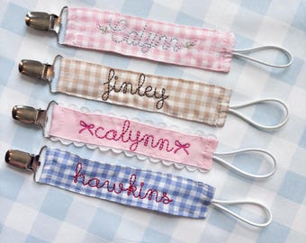 Custom Embroidered Gingham Pacifier Clip | Personalized Baby Shower Gift/Baby or Toddler Gift/Personalized Paci Clip