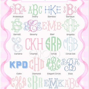 May include: A pink and white graphic featuring various monogram fonts. The image showcases different letter styles, including Arabesque, Avery, and Bamboo, with names below each design. The word "Fonts" and "monogram" are at the top.