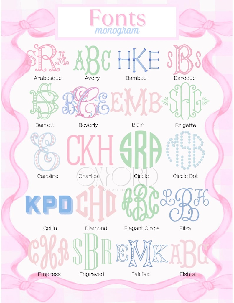 May include: A pink and white graphic featuring various monogram fonts. The image showcases different letter styles, including Arabesque, Avery, and Bamboo, with names below each design. The word "Fonts" and "monogram" are at the top.