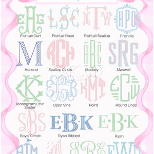 May include: A chart showcasing various monogram fonts in pastel colors, including Fishtail Curl, Fishtail Rose, and Open Vine. The word "Fonts" and "monogram" are at the top. The background is a light pink with decorative ribbons.